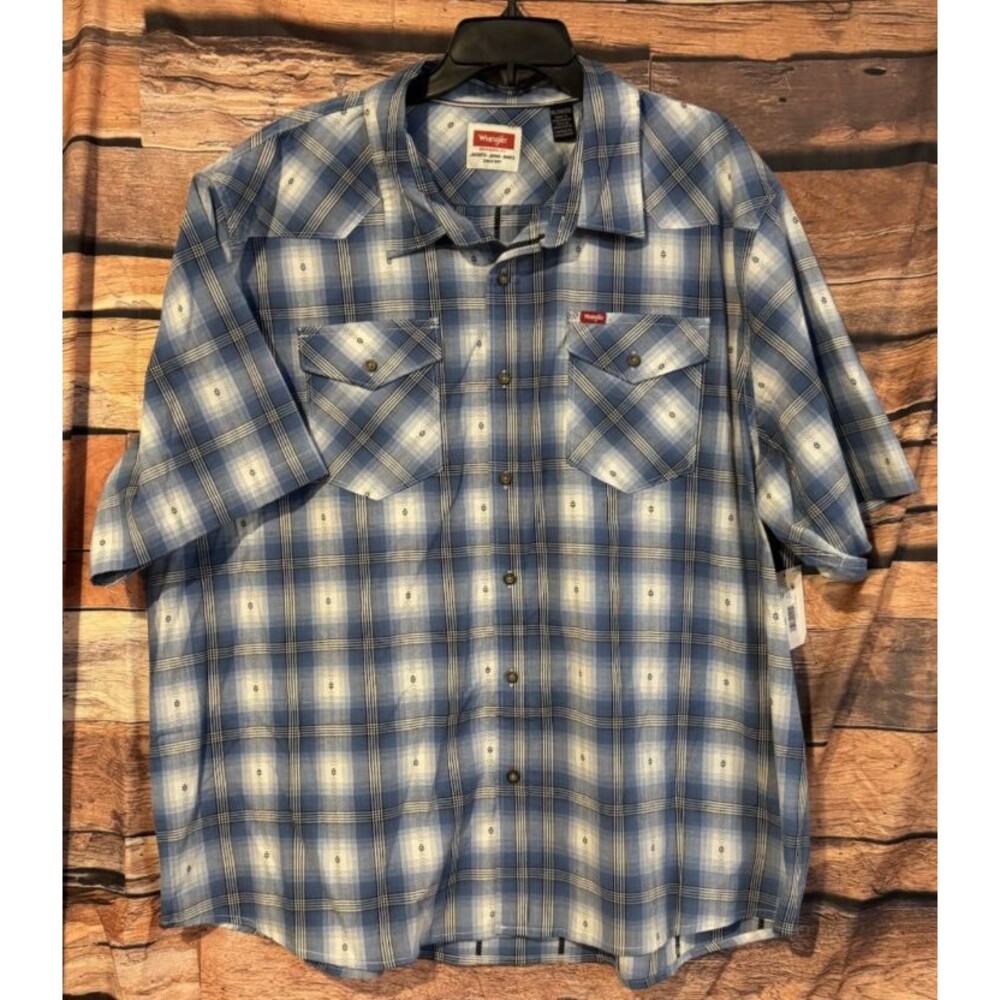 NWT Wrangler Shirt Mens 3XL Blue White Plaid Short Sleeve Western Button Up New